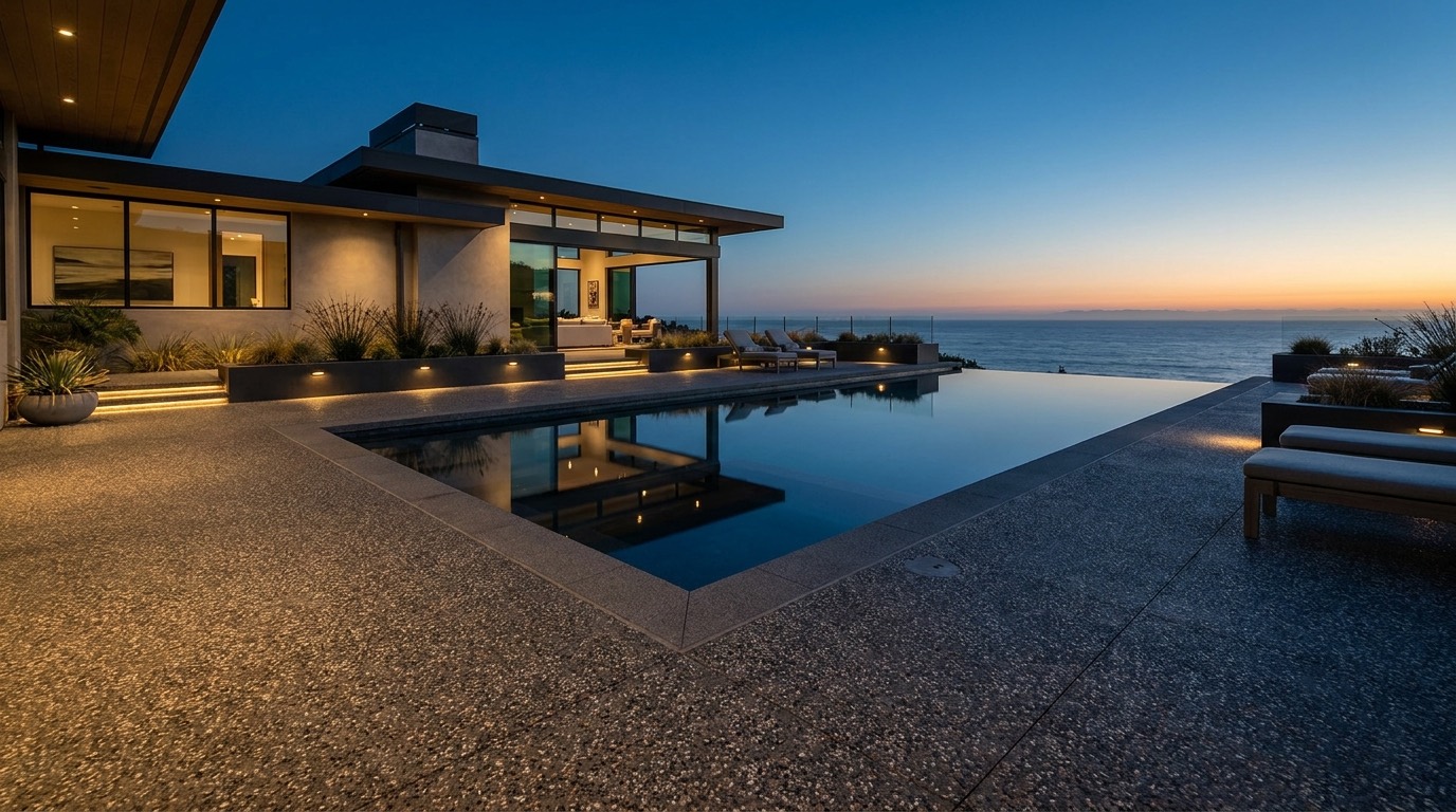 A concrete pool surround and entertaining area at dusk