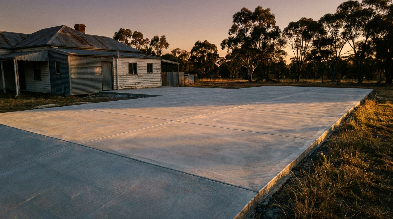 A large freshly poured concrete slab at dusk