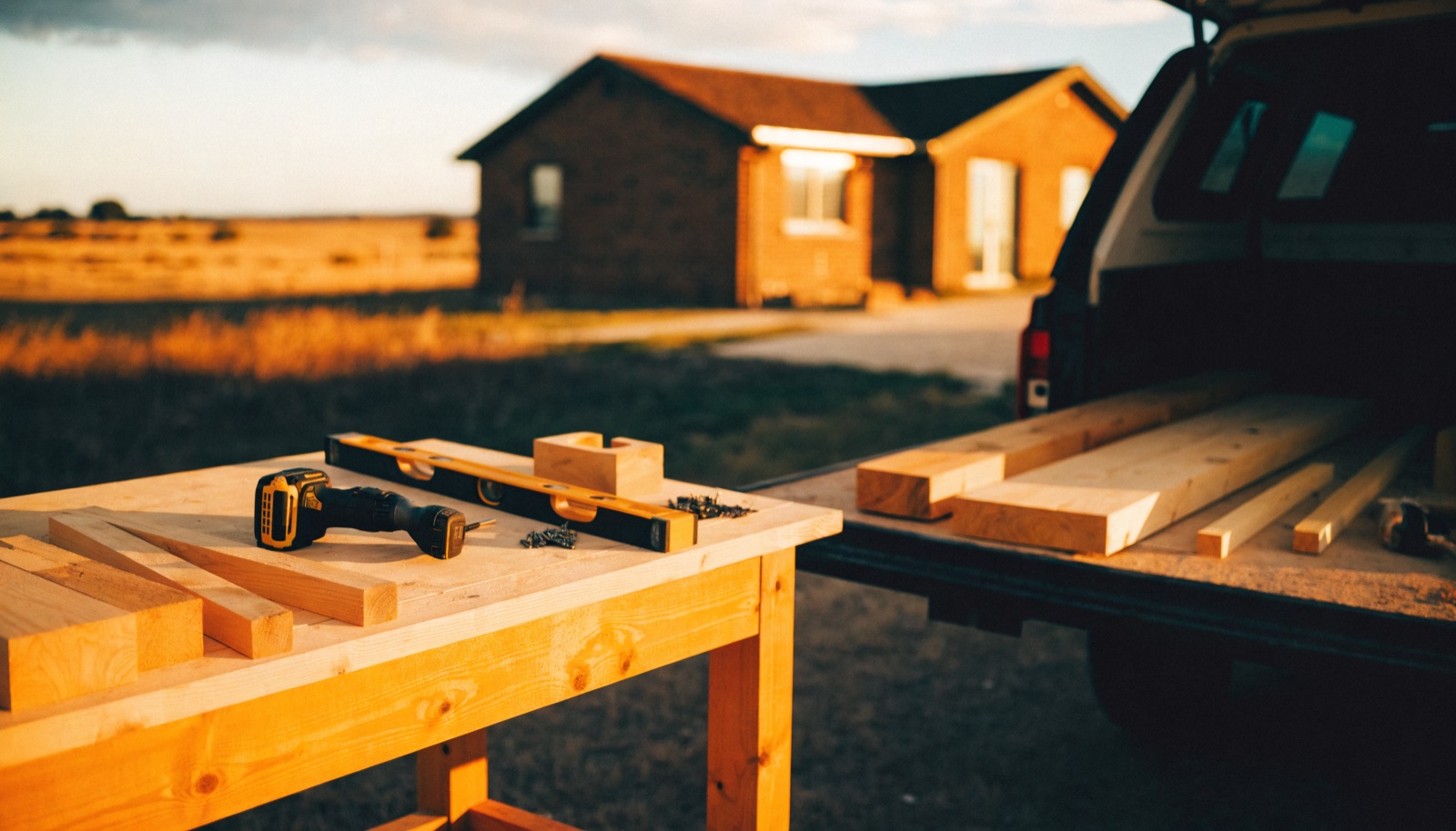 Timber framing and building materials on a rural North-West Tasmania build site at sunset