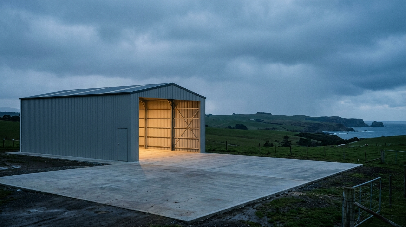 A completed steel shed on a concrete apron at dusk in North-West Tasmania