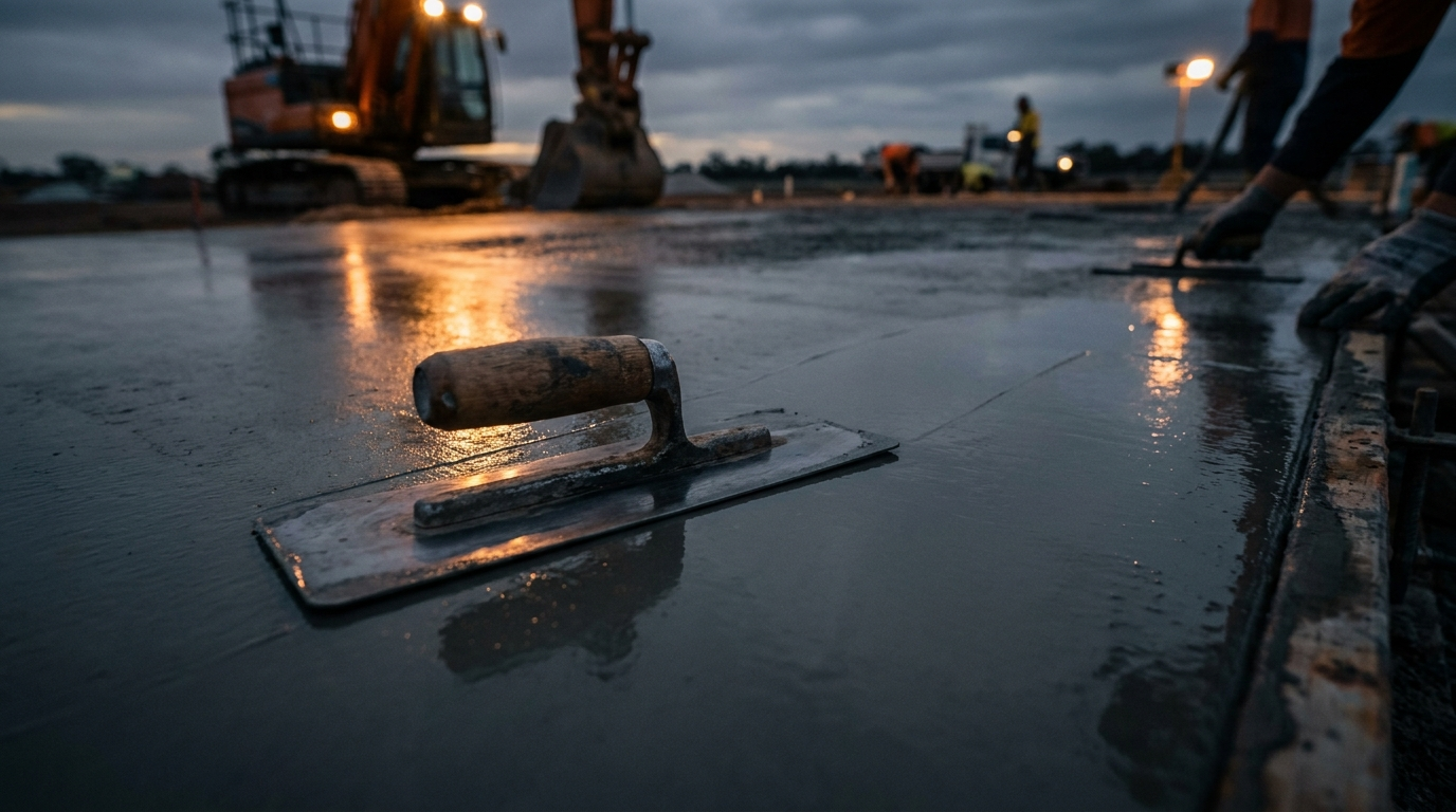A steel trowel finishing wet concrete to a smooth surface