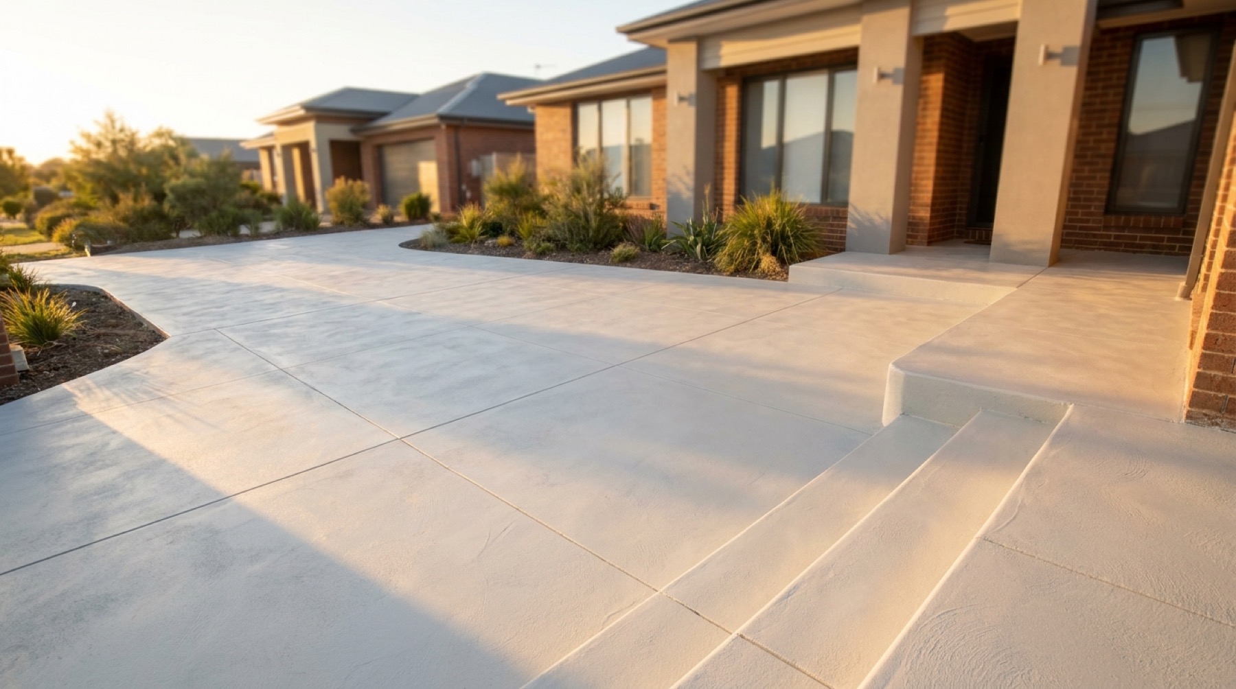 A finished concrete driveway curving up to a home in North-West Tasmania