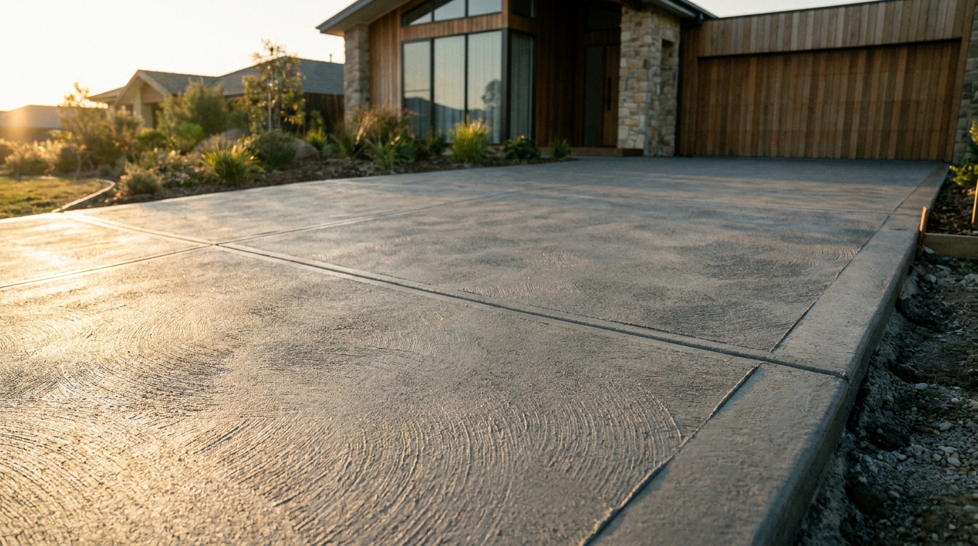 A freshly poured concrete driveway being finished in North-West Tasmania