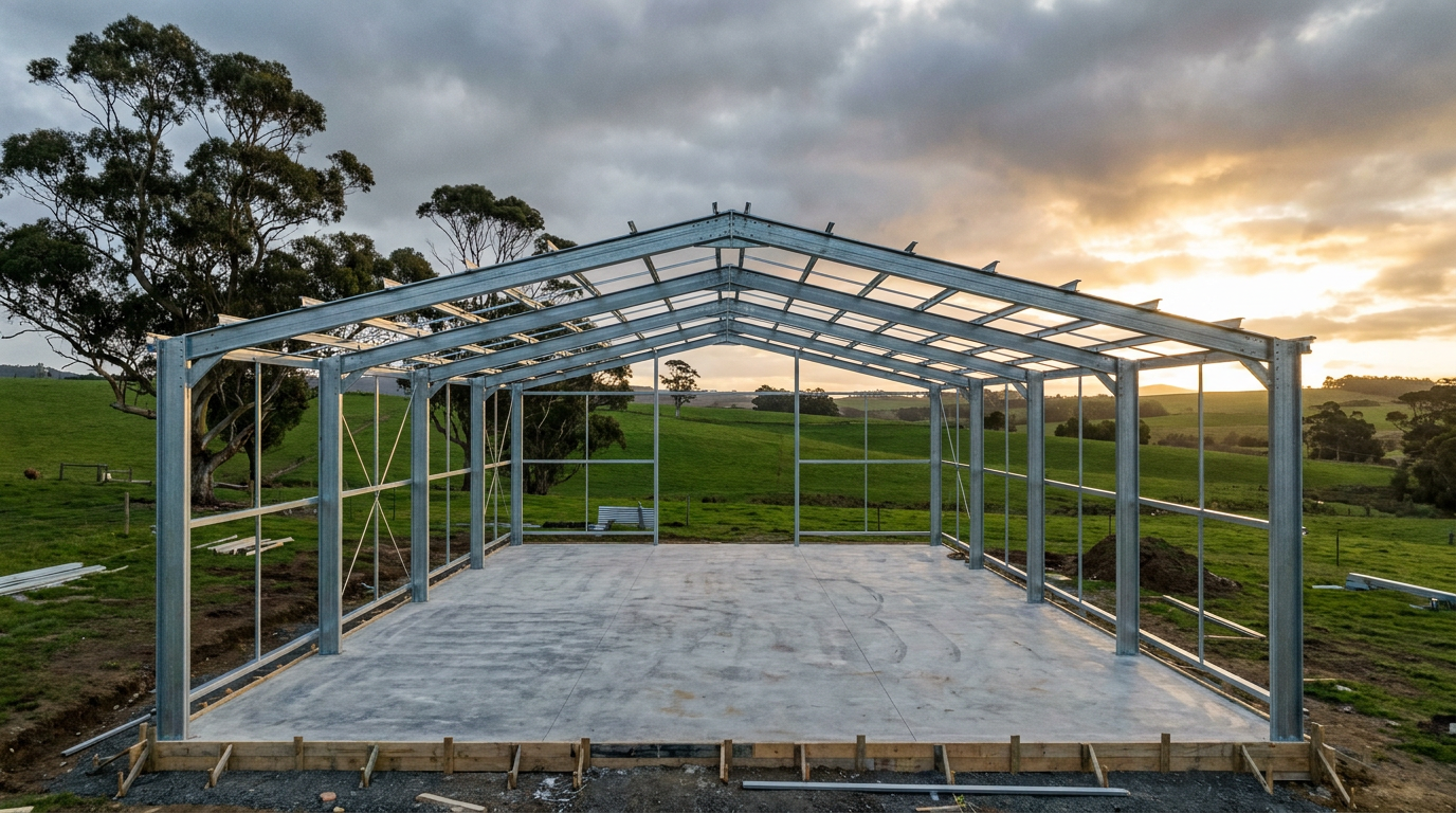 A steel shed frame being erected on a freshly poured concrete slab in rural North-West Tasmania