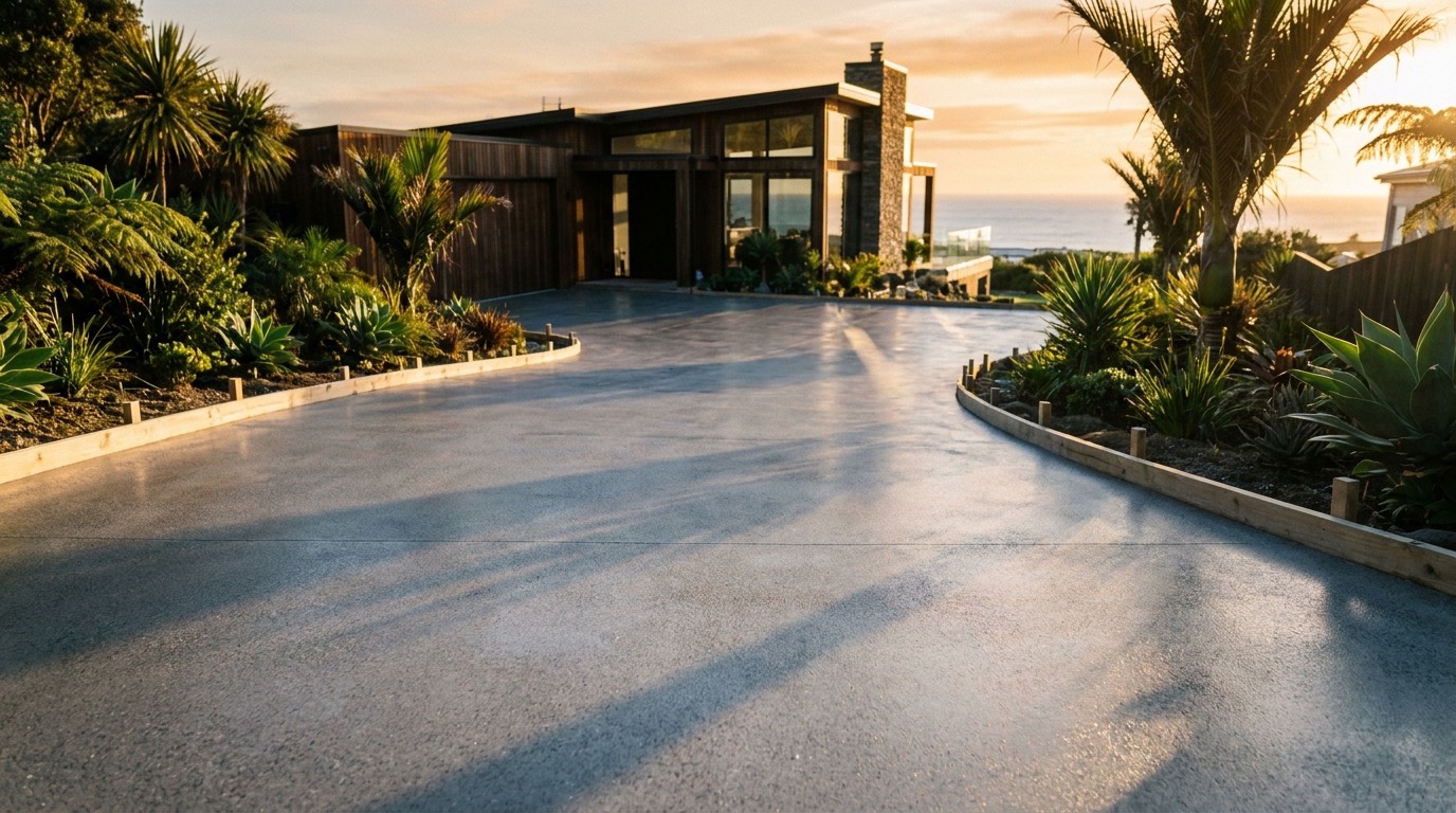 A finished concrete driveway at dusk in North-West Tasmania